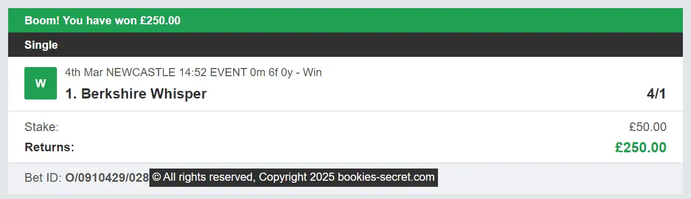 Bookies Secret - Winner 1 - 2025-03-04